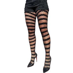 Black Fishnet Opaque Stripe Tights For Women